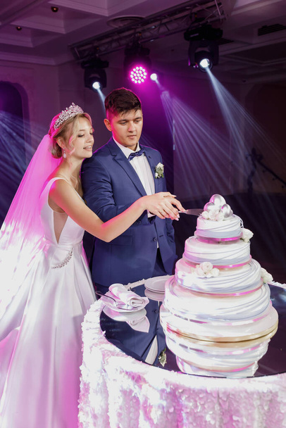 Ένα ζευγάρι που κόβει μια μεγάλη γαμήλια τούρτα. Ροζ φώτα, εορταστικά πυροτεχνήματα. - Φωτογραφία, εικόνα