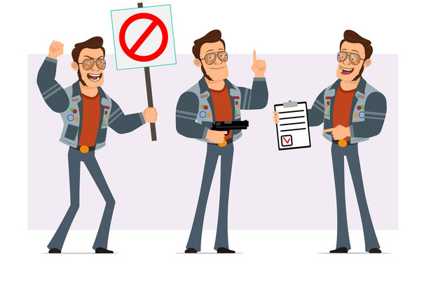 Cartoon flat strong disco man in sunglasses and jeans jacket. Ready for animation. Boy holding no entry sign, pistol and task tablet with mark. Isolated on violet background. Vector icon set. - Vector, Image