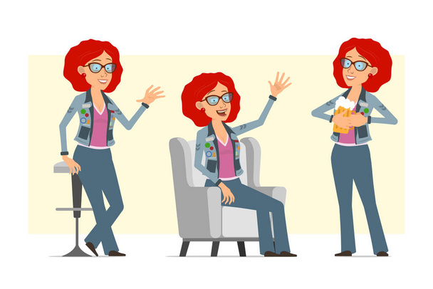 Dibujos animados plana divertida pelirroja hippie personaje de mujer en gafas y jeans chaqueta. Listo para la animación. Chica descansando en la silla, saludando y sosteniendo la cerveza. Aislado sobre fondo amarillo. Conjunto de vectores. - Vector, Imagen