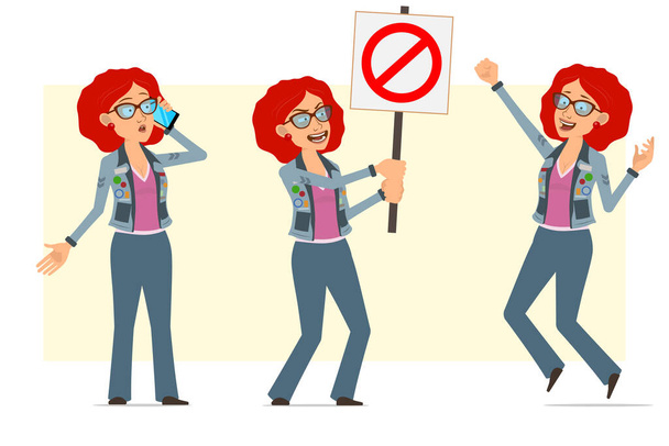 Cartoon flat funny redhead hippie woman character in glasses and jeans jacket. Ready for animation. Girl talking on phone, holding no entry sign and jumping. Isolated on yellow background. Vector set. - Vector, Image