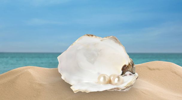 Open oyster shell with white pearls on sandy beach near sea - Foto, afbeelding