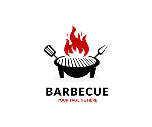 BBQ barbecue, grillen, koken, vlees. Vlammende barbecue grill met koken maaltijd logo ontwerp. Barbecue vuur met ronde grill vector ontwerp en illustratie. - Vector, afbeelding