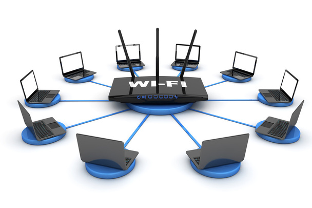 Laptops rond Wifi Router - Foto, afbeelding