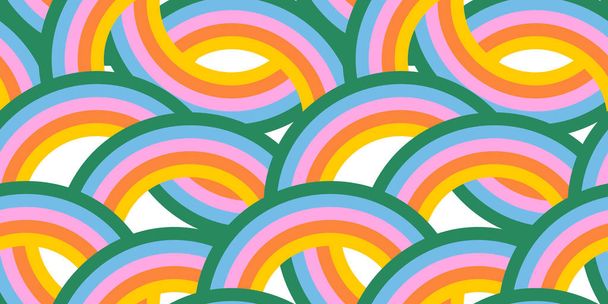 Retro 60s styl duha bezešvé vzor s pastelovými barevnými pruhy. Barevné vlna karikatura pozadí. - Vektor, obrázek