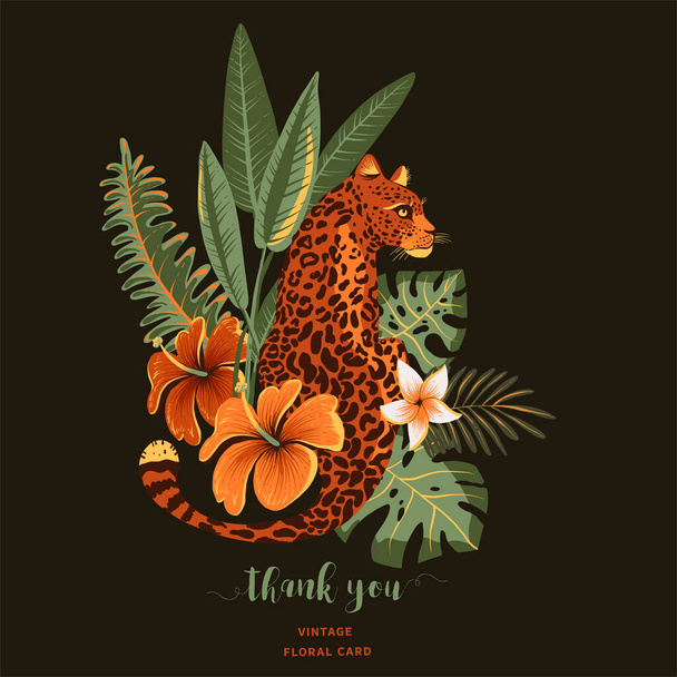 Tropikalna kartka z życzeniami. Tygrys, palmy, zielone liście, potwór, egzotyczna ilustracja na czarnym - Wektor, obraz