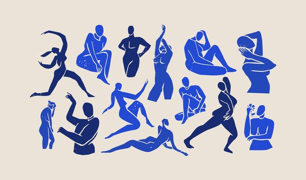 Abstracto andrógino gente azul cuerpo silueta ilustración conjunto sobre fondo blanco aislado. Colección de figuras de estilo collage vintage de mujeres en diversas poses. - Vector, imagen