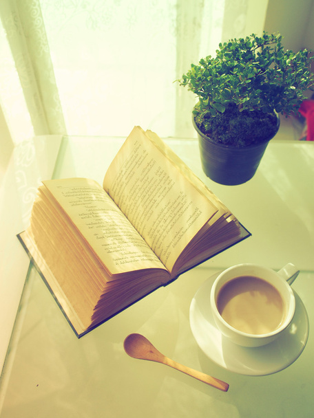 coffee open book and small tree - Foto, Imagem