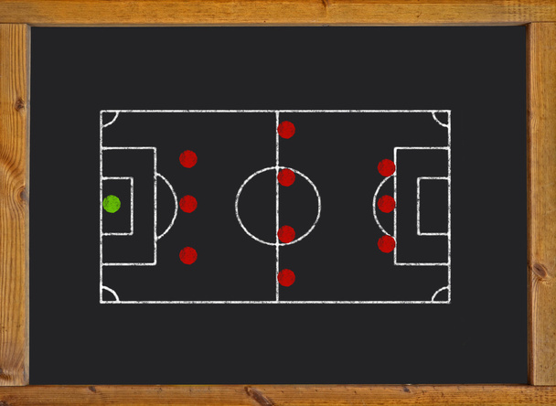 Γήπεδο ποδοσφαίρου με 3-4-3 σχηματισμό στο blackboard - Φωτογραφία, εικόνα