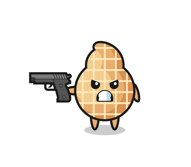 el lindo personaje de cacahuete disparar con una pistola, lindo diseño - Vector, imagen