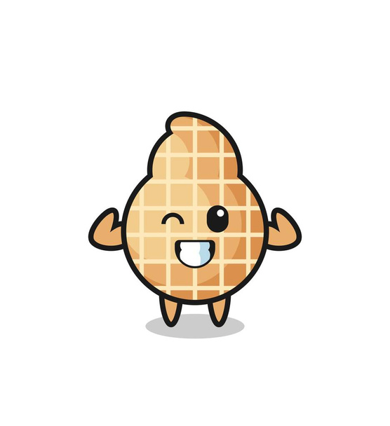 the muscular peanut character is posing showing his muscles , cute design - Vector, Image