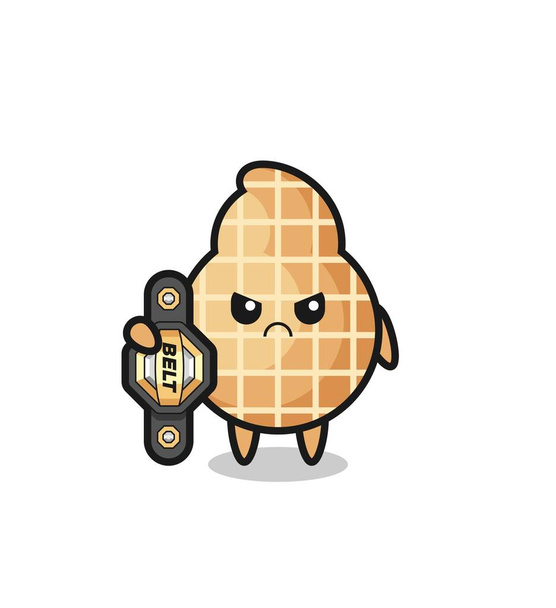 carácter mascota de cacahuete como un luchador MMA con el cinturón campeón, lindo diseño - Vector, imagen