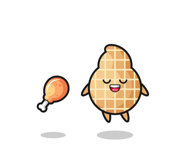 cute peanut floating and tempted because of fried chicken , cute design - Vector, Image