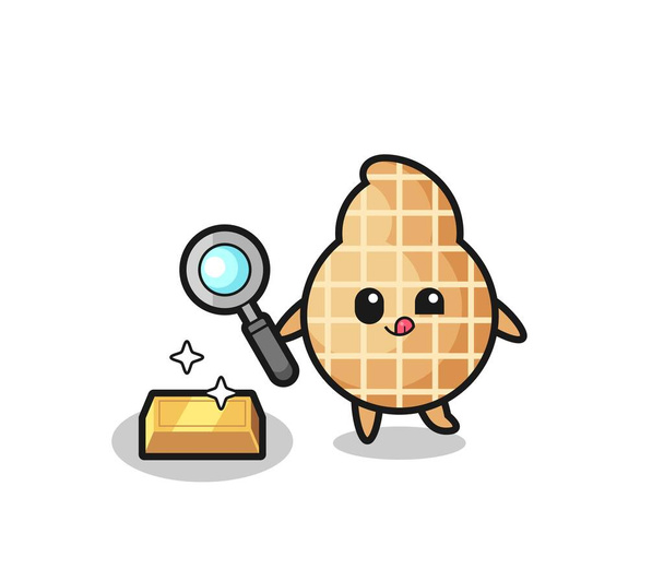 peanut character is checking the authenticity of the gold bullion , cute design - Vector, Image