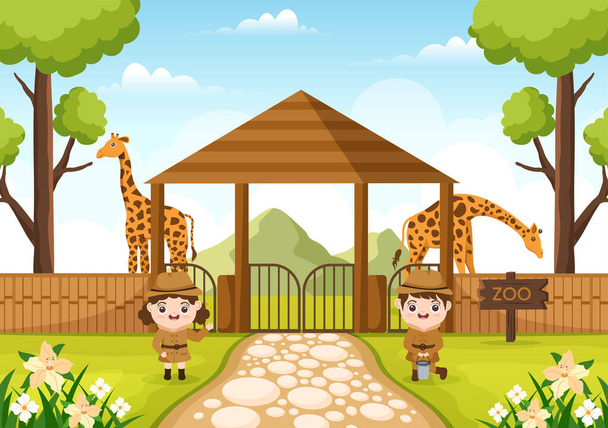 Zoo-Zeichentrickillustration mit Safari-Tieren Giraffe, Käfig und Besucher auf Territorium im Wald Hintergrunddesign - Vektor, Bild