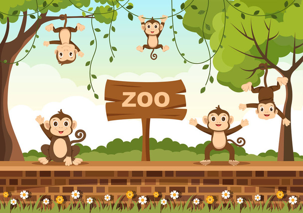 Zoo-Zeichentrickillustration mit Safari-Tieren Affe, Käfig und Besucher auf Territorium im Wald Hintergrunddesign - Vektor, Bild