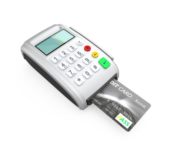 Cartão de crédito e leitor de cartão de prata isolado no fundo branco
 - Foto, Imagem