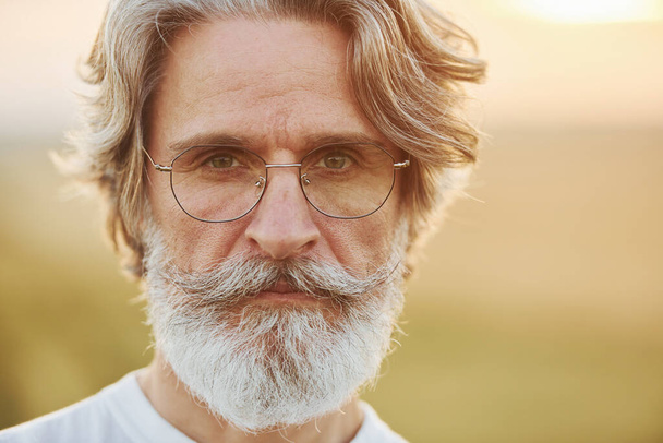 Portrait of seenior stylish man with grey hair and beard that standing outdoors on field at sunny day. - Foto, Bild