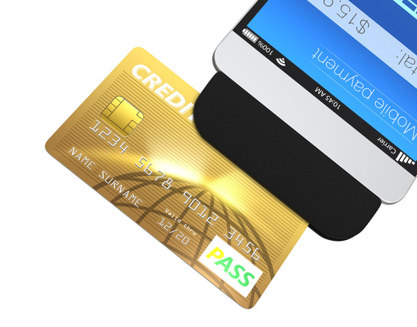Tarjeta de crédito que pasa a través de un archivo adjunto de pago móvil para smartphone
 - Foto, Imagen
