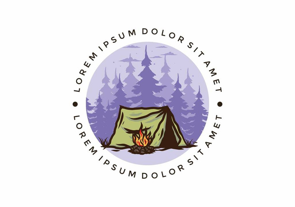 Camping forestier avec dessin d'insigne d'illustration de feu de joie - Vecteur, image