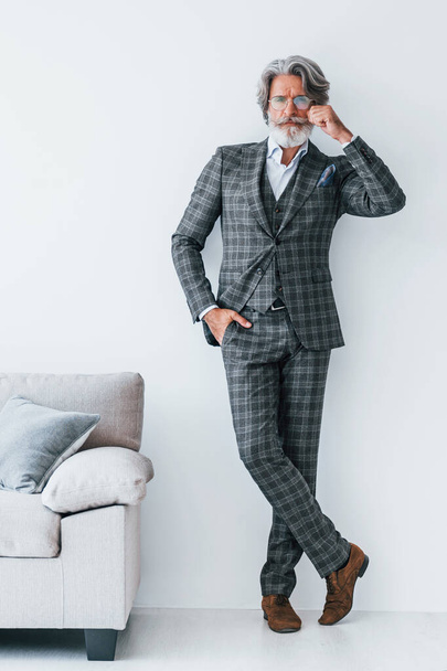 Posing for the camera. Senior stylish modern man with grey hair and beard indoors. - Foto, afbeelding