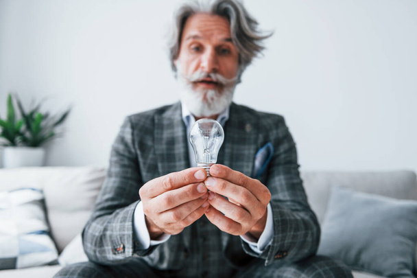 Sits on comfortable sofa in formal clothes. Senior stylish modern man with grey hair and beard indoors. - Foto, afbeelding