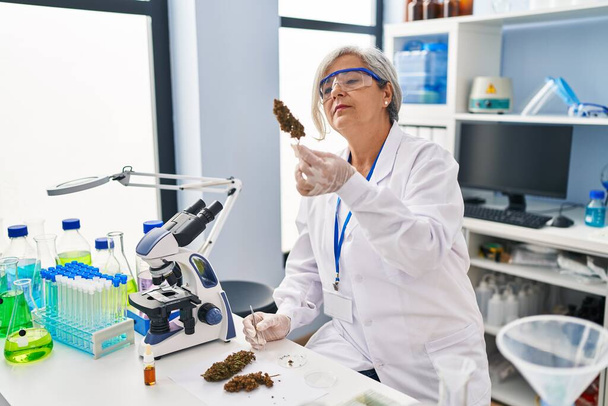 Femme d'âge moyen portant un uniforme scientifique tenant de la marihuana au laboratoire - Photo, image