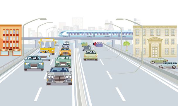 Big city with public transport and train illustration - Vector, Image