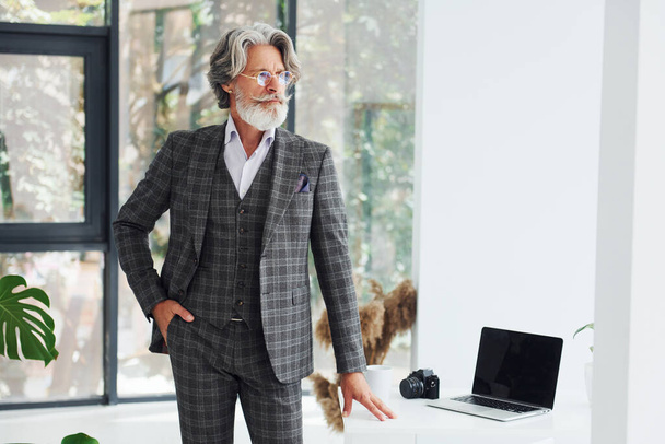 Businessman in the office. Senior stylish modern man with grey hair and beard indoors. - Фото, изображение