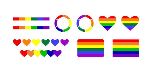 LGBT Pride kuukausi kuvat, yksinkertaisia merkkejä ja synbolit. LGBTQ-yhteisökuvakkeet asetettu kansainväliselle HLBT:n ylpeyspäivälle. Sateenkaaren liput, sydämet, linjat ja ympyrät - koriste-elementit - Vektori, kuva
