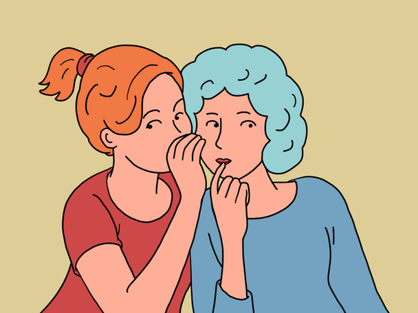 a secret, two women whispering. Friendship of people. Not public news. Comic cartoon hand drawing retro illustration - ベクター画像