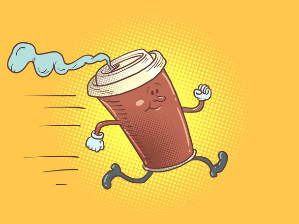 Papierowa filiżanka gorącej kawy, szybko działająca koncepcja wesołości. komiks kreskówka kicz vintage styl strony rysunek ilustracja - Wektor, obraz