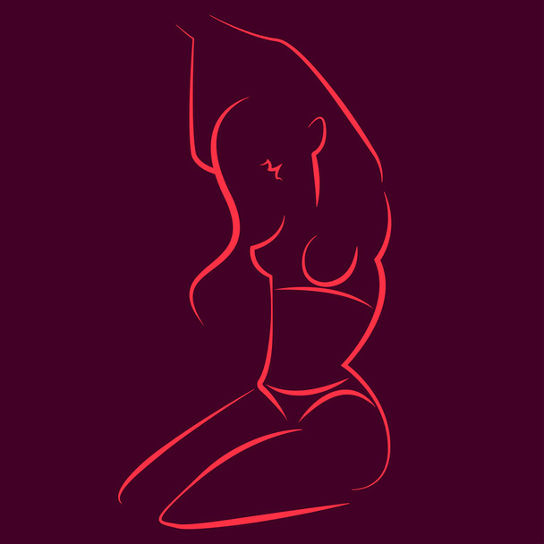 vektorový lineární elegantní obraz siluety nahé ženské postavy v růžových liniích na purpurovém pozadí. užitečné pro reklamní výrobky pro ženy, zdraví žen, intimní hygienu, gynekologické místnosti - Vektor, obrázek