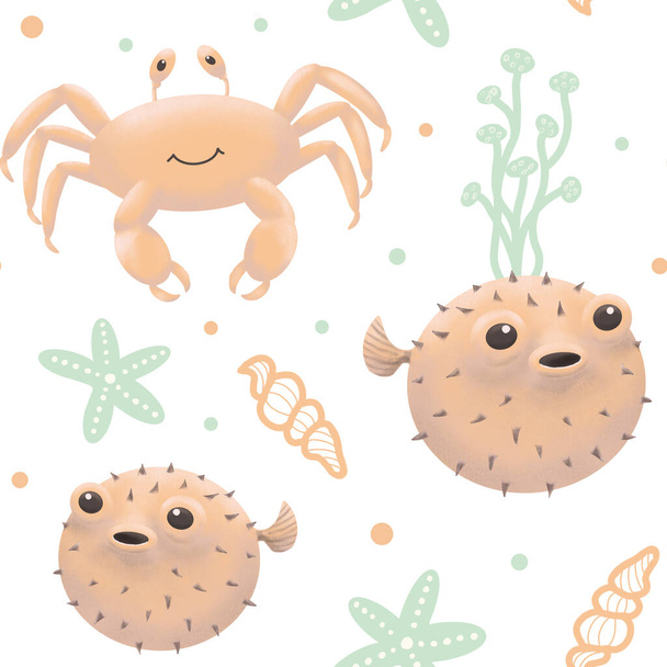 Sea animals. Seamless pattern with sea animals. Crab and hedgehog fish with seaweed and starfish. Childrens pattern for fabric and stationery. - Foto, Bild