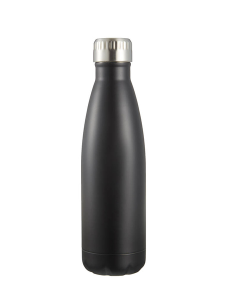 Stainless steel drink bottle isolated. Black thermos on white background - Photo, Image