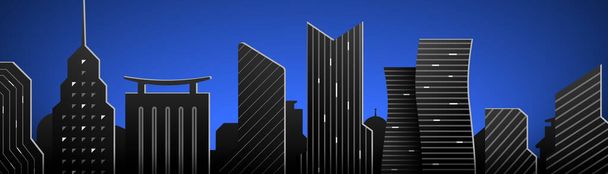 青いグラデーションの背景に黒い高層ビル。建築用Webバナーのベクトル図 - ベクター画像