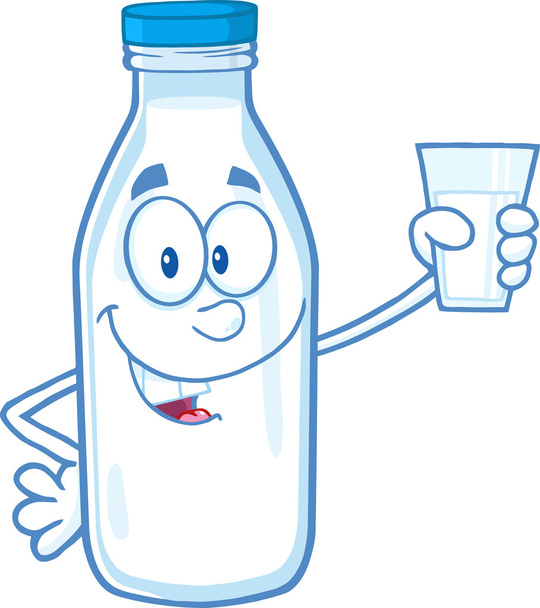 Carácter de la mascota de dibujos animados de botella de leche sonriente sosteniendo un vaso con leche
 - Foto, imagen