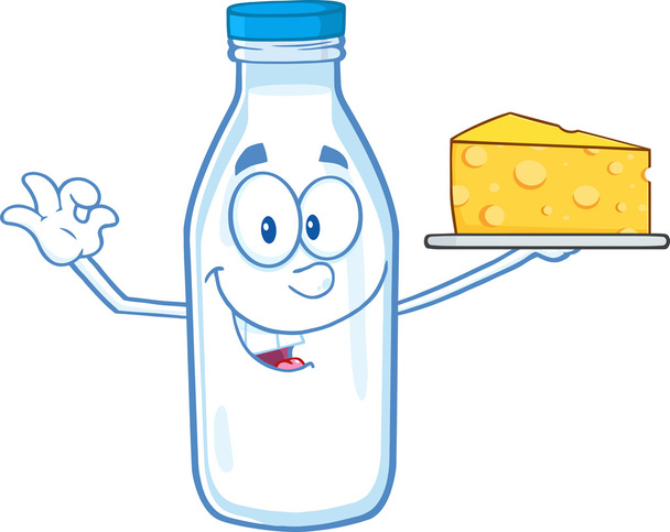 Funny Milk Bottle Character Holding Up A Wedge Of Yellow Cheese - Photo, Image