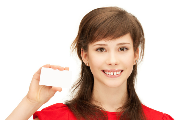 Teenage girl with business card - Φωτογραφία, εικόνα