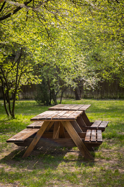 Tables and benches on the camping site. Photo taken on a sunny day. Objects in a shaded place - 写真・画像