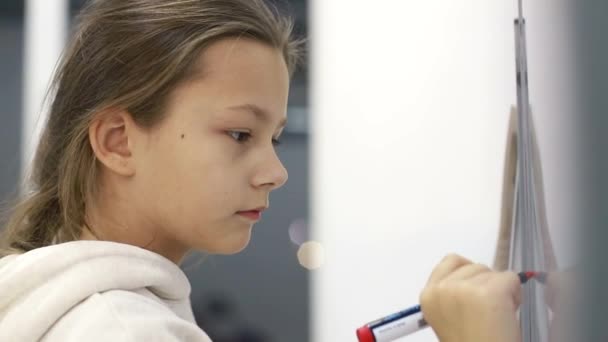 Kisiskolás lány ír egy filctollat a táblára az iskolában.. - Felvétel, videó