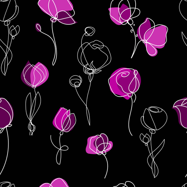 Αφηρημένη τέχνη λουλούδια αδιάλειπτη μοτίβο.Απρόσκοπτη βοτανικό φόντο.Μεγάλη διάνυσμα σχεδιασμό για ταπετσαρία, συσκευασία κλπ. Γραμμή λουλούδια τέχνης σε μαύρο φόντο - Διάνυσμα, εικόνα
