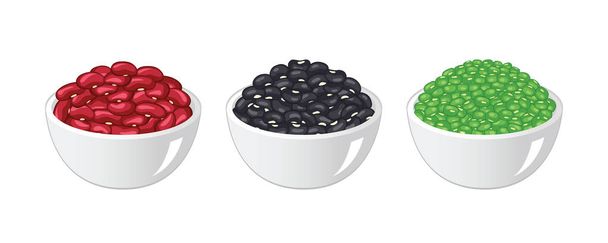 Rode bonen, Zwarte bonen en Groene gram of Mung bonen in kom geïsoleerd op witte achtergrond. - Vector, afbeelding