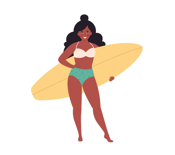 Mujer negra con tabla de surf. Actividad de verano, surf. Hola verano. Vacaciones de verano. Ilustración vectorial - Vector, Imagen