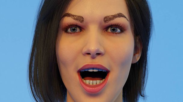 удивленная женщина с открытым ртом сюрприз мультфильм на синем фоне 3D иллюстрации - Фото, изображение