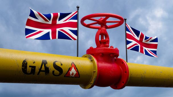 Ventil an der wichtigsten Gaspipeline Großbritanniens. Pipeline mit Flaggen Großbritanniens. Gasrohre aus Großbritannien. 3D-Arbeit und 3D-Bild - Foto, Bild