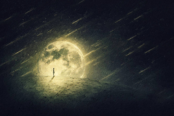 Pintura Starfall de un mundo surrealista y una silueta de persona en una tierra desolada. Noche estrellada con cometas cayendo y luna llena - Foto, Imagen
