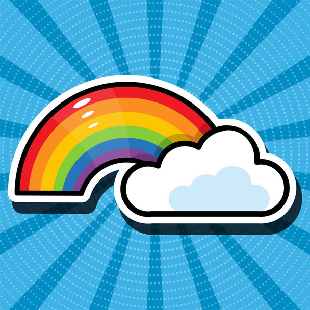 Cartoon illustration of rainbow and cloud. Blue retro background. - Wektor, obraz