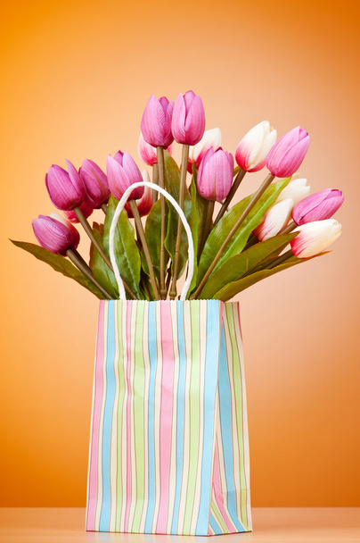 Tulips in the bag against gradient background - Photo, Image