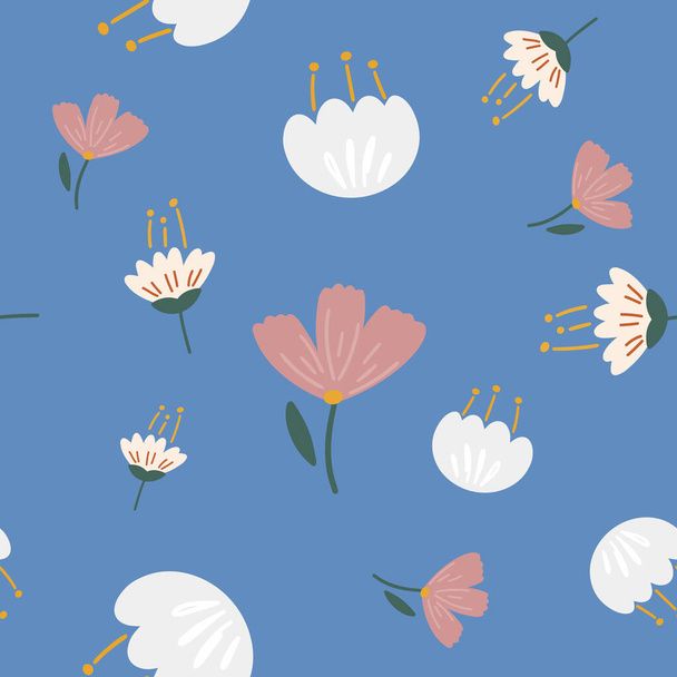 Flores y patrón de hoja sin costura. Fondo de estilo escandinavo. Ilustración vectorial para diseño de tela, papel de regalo, ropa de bebé, textiles, tarjetas - Vector, imagen