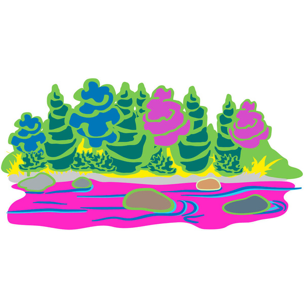 coloured river shoreline with trees and rocks - Vector, Image